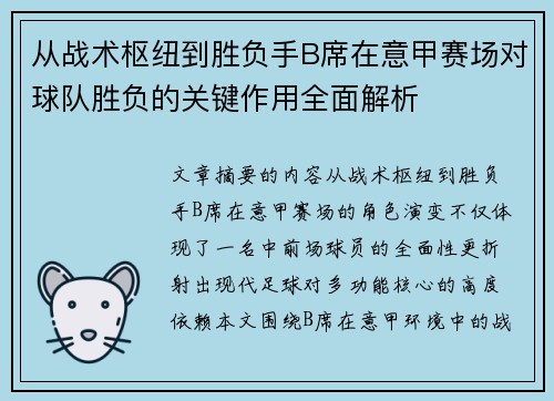 从战术枢纽到胜负手B席在意甲赛场对球队胜负的关键作用全面解析 从战术枢纽到胜负手B席在意甲赛场对球队胜负的关键作用全面解析