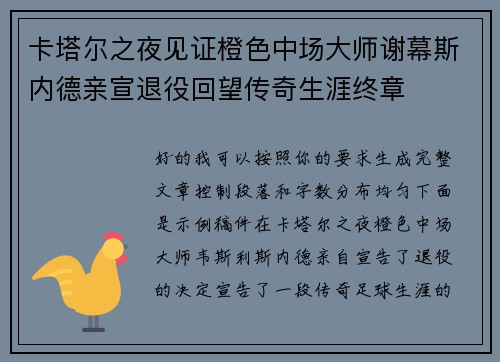 卡塔尔之夜见证橙色中场大师谢幕斯内德亲宣退役回望传奇生涯终章 卡塔尔之夜见证橙色中场大师谢幕斯内德亲宣退役回望传奇生涯终章