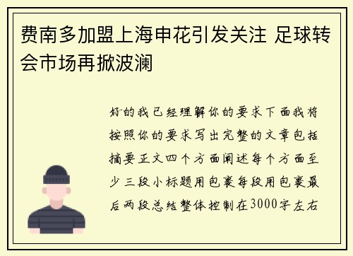费南多加盟上海申花引发关注 足球转会市场再掀波澜